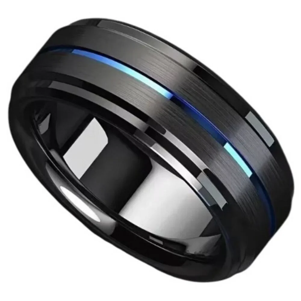 Tungsten Steel matte black polished double beveled blue channel wedding ring